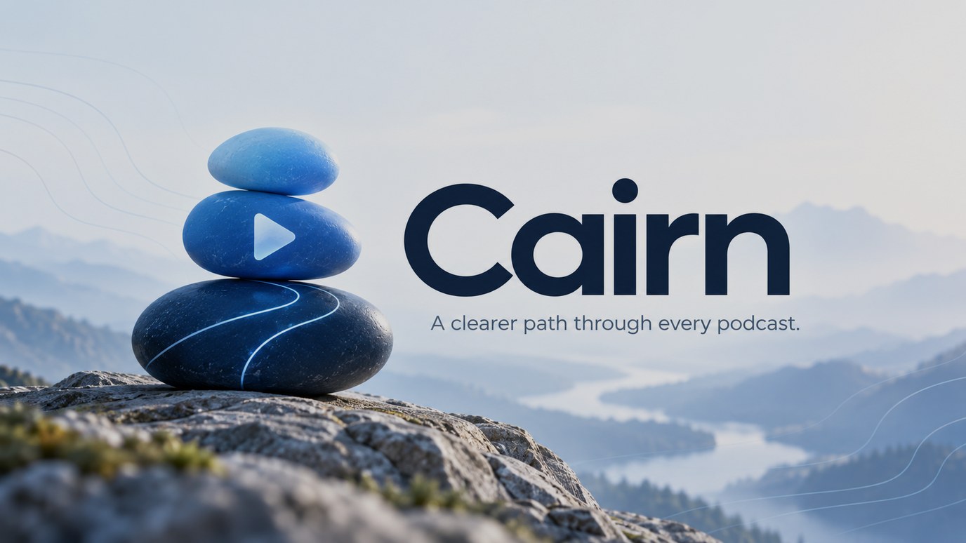 Cairn: three stacked stones on a mountain ledge, a play button on the middle stone and a bright path winding over the base, a river valley behind