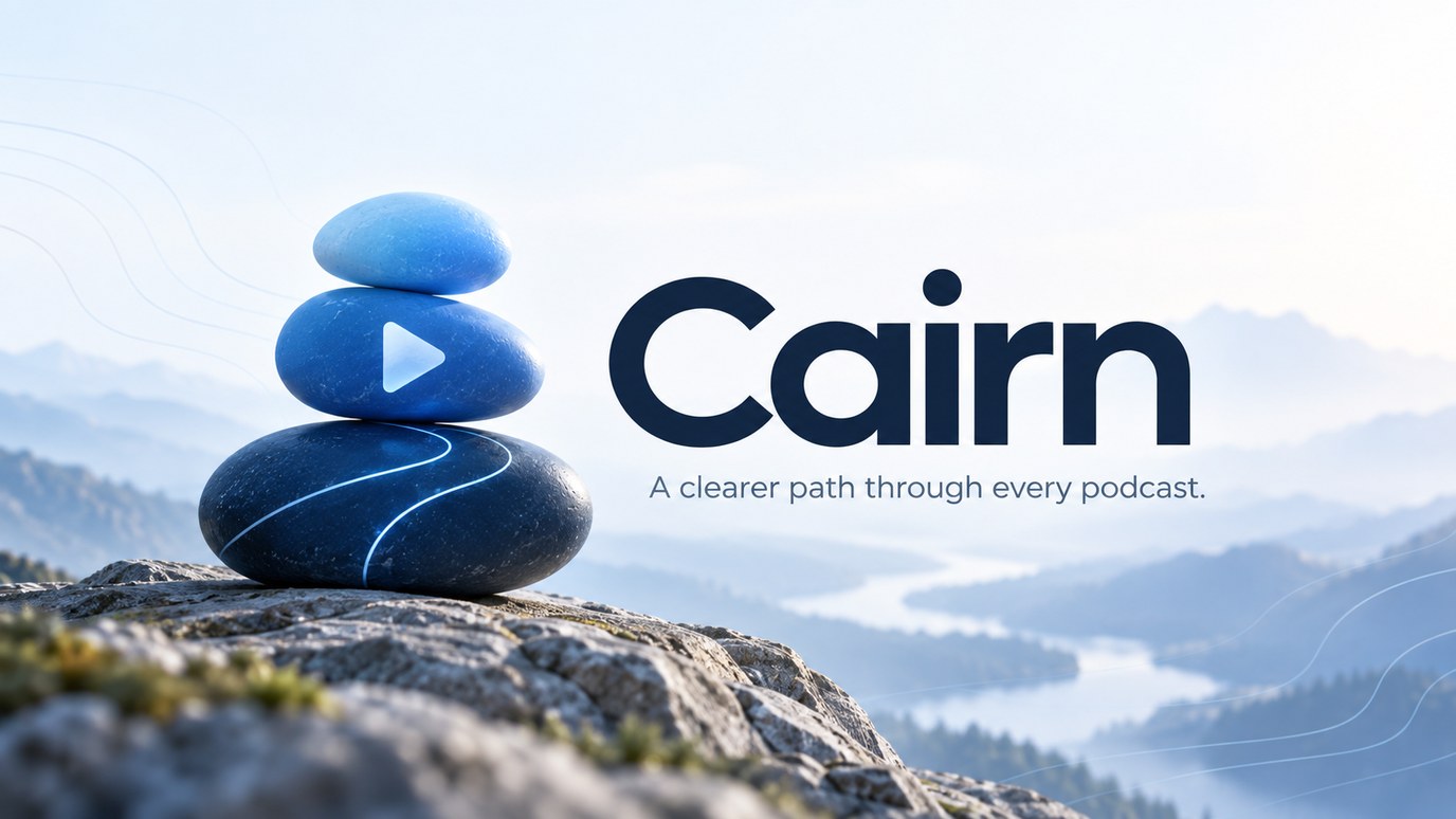 Cairn: three stacked stones on a mountain ledge, a play button on the middle stone and a bright path winding over the base, a river valley behind